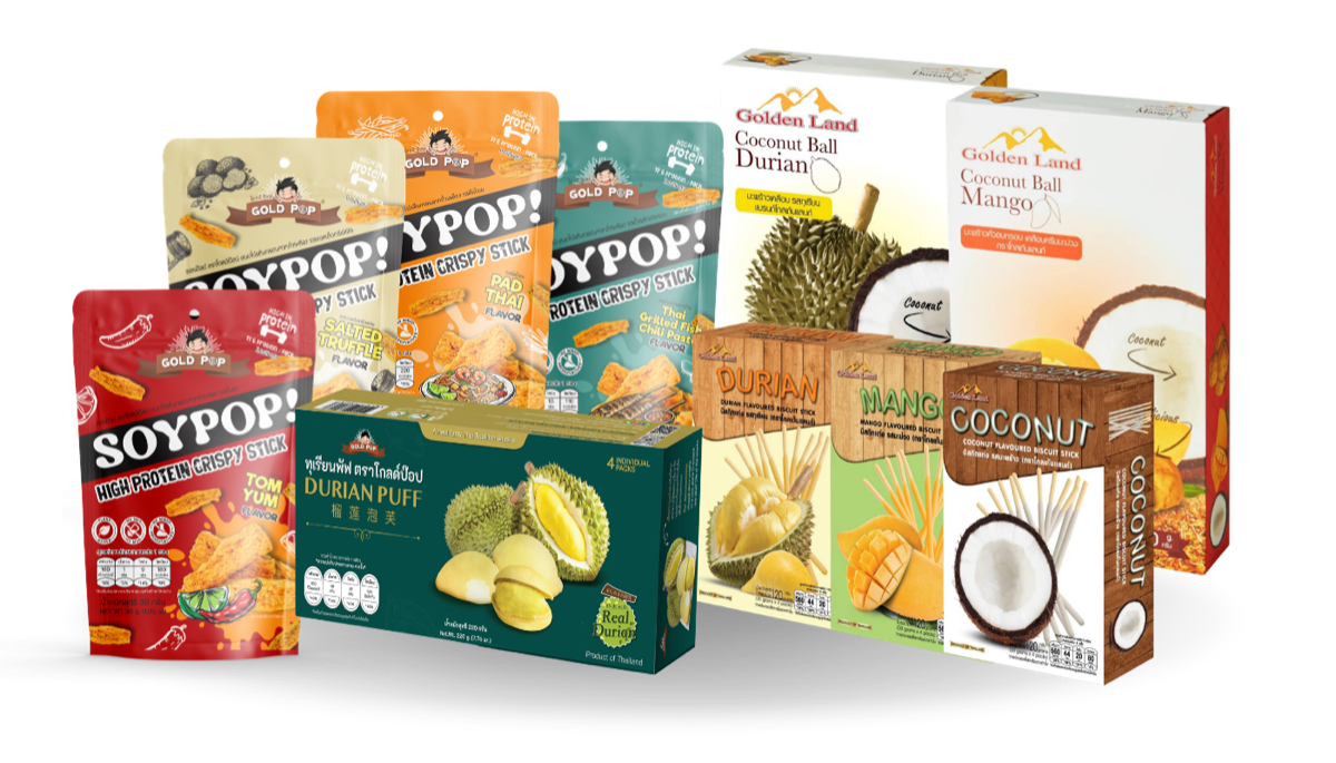 GOLD POP full product lineup — SoyPop!, Durian Puff & Golden Land