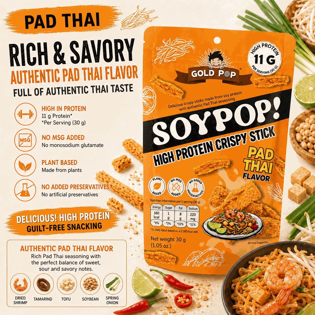 SoyPop 泰式炒河粉味 — 详情รสชาติและคุณค่าทางโภชนาการ