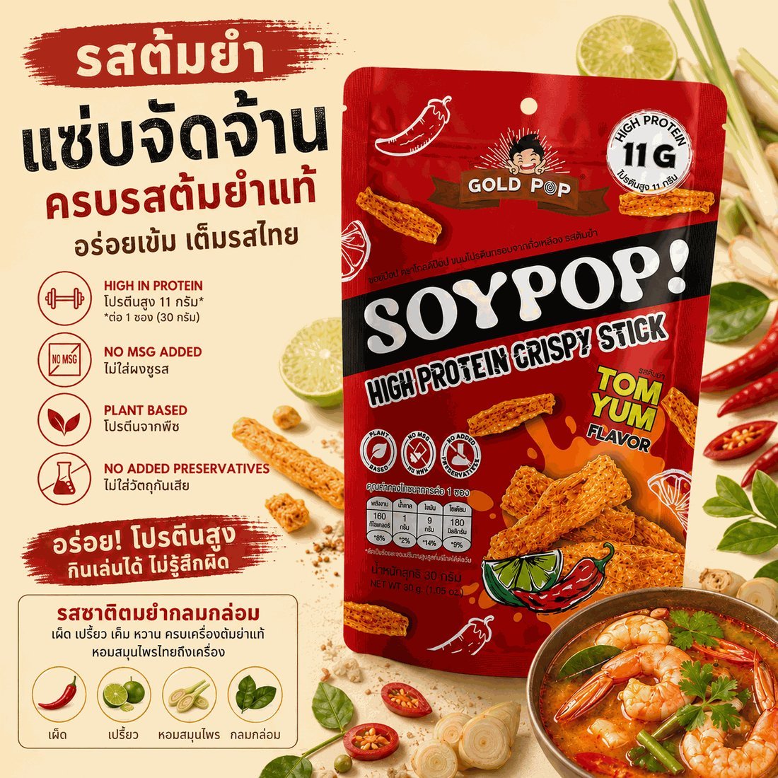 ซอยป๊อป รสต้มยำ — รายละเอียดรสชาติและคุณค่าทางโภชนาการ